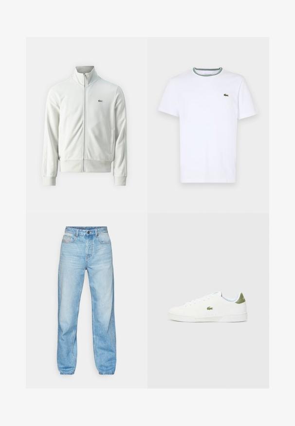 Lacoste Camisola com fecho - stone; T-shirt branco de algodão de mangas curtas com colarinho canelado, apresentando riscas verdes e pretas; pequeno logotipo verde bordado no lado esquerdo do peito.; Jeans de cor azul clara feitos de denim, com um corte reto, design de cinco bolsos e uma abertura com botão visível com costura em contraste.; Tênis brancos com uma textura suave, apresentando um detalhe verde no calcanhar e um pequeno logotipo de crocodilo bordado na lateral.