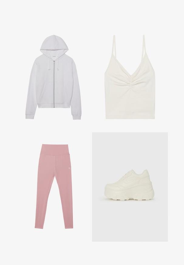 White zip-up hoodie made of soft fabric, featuring a hood, drawstrings, and front pockets. Simple, relaxed fit with ribbed cuffs and hem.; White, sleeveless cami top in a soft, elastic fabric with a V-neck and gathered detailing at the center. Thin straps and smooth texture.; Pink, high-waisted leggings made from stretchy fabric, featuring a smooth texture and a small logo detail at the waist.; White platform sneakers featuring a smooth leather-like upper, rounded shape, padded collar, and textured rubber sole with defined treads.