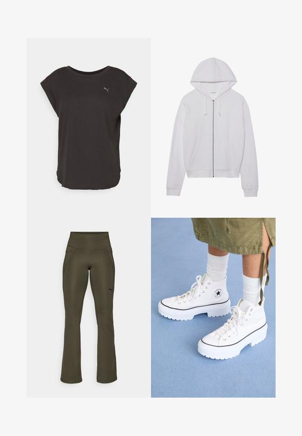 Valkoinen vetoketjullinen huppari, joka on valmistettu pehmeästä kankaasta. Siinä on huppu, kiristysnyörit ja etutaskut. Yksinkertainen, rento istuvuus, jossa on joustavat hihansuut ja helma.; Mustan puuvillan T-paita, jossa on pyöreä kaula-aukko, lyhyet hihat ja viistosti leikattu helma. Siinä on pieni harmaa Puma-logo vasemmassa rinnassa.; Vihreät urheiluhousut korkealla vyötäröllä, sileällä pinnalla, leveillä lahkeilla ja hienovaraisella logolla vasemmalla puolella. Housuissa on kaksi sivutaskua.; Valkoiset korkeavartiset tennarit, joissa on tekstiiliverkkopinta, kuminen varvaskuppi ja paksu valkoinen platform-pohja. Varustettu mustilla yksityiskohdilla ja nauhakohdistimilla.