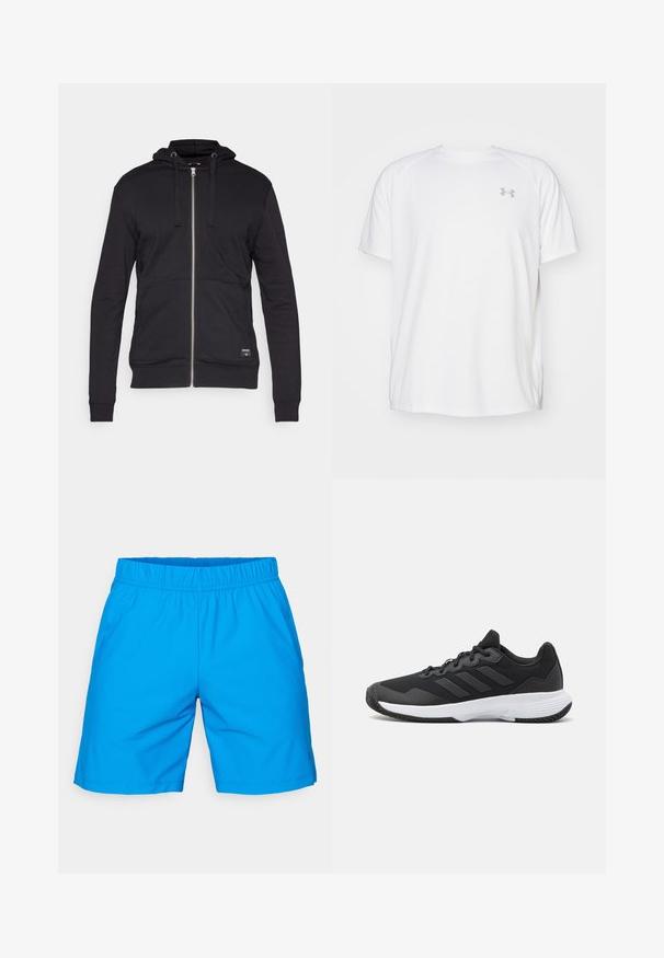 Svart ziphoodie med snörning i huvan, framfickor och ribbade cuffs och nederkant, tillverkad av ett mjukt och slätt tyg.; Vit kortärmad träningsskjorta tillverkad av mjukt tyg. Har rund halsringning och en grå logo på vänster bröst, med sidoflikar vid fållen.; Blå, lätta badshorts med resårmidja, slät textur och sidofickor. Enkelt mönster utan tryck eller detaljer.; Svart idrottssko med en texturerad ovandel, tre horisontella ränder och en vit sula med ett mönstrat grepp. Lätt och strömlinjeformad design.