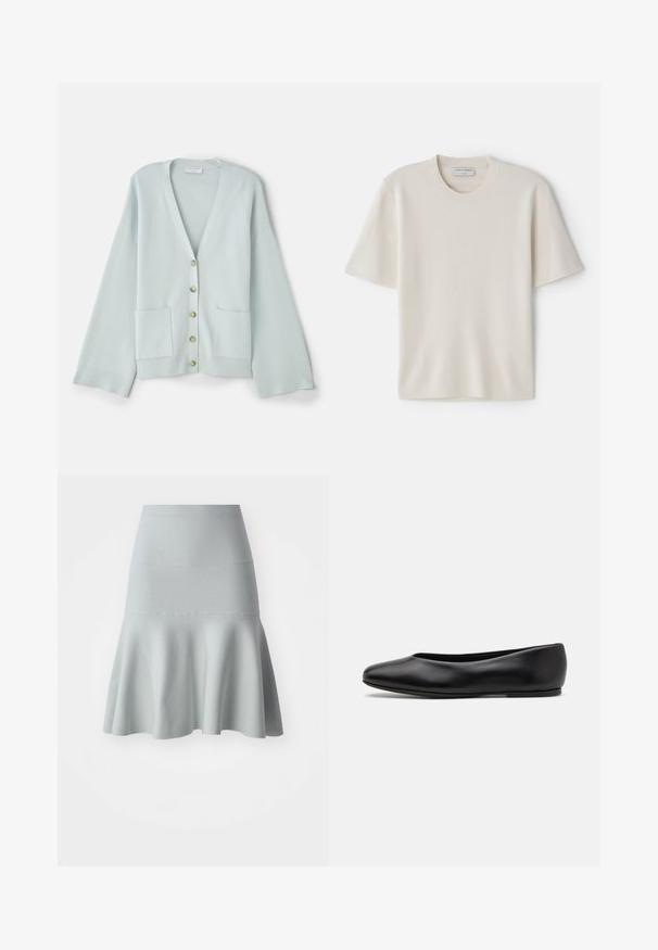 Svetlozelený kardigán s výstrihom do V, dlhými rukávmi, prednými vreckami a šiestimi guľatými gombíkmi. Hladká textura a voľný strih.; Krémové tričko s krátkym rukávom a okrúhlym výstrihom, vyrobené z mäkkého materiálu, s rovnými líniami a minimálnym zdobením.; Svetlomodrá rozšírená sukňa vyrobená z textúrovanej látky. Disponuje priliehavým pásom a jemným vlnitým okrajom. Jednoduchý dizajn bez vzorov.; Paul Smith TOPANGA - Balerínky - black