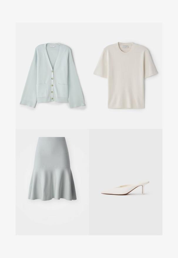 Gaiši zaļš kardigans ar V-veida kakla izgriezumu, garām piedurknēm, priekšējām kabatām un sešiem apaļiem pogām. Gluda tekstūra un brīva piegriezuma dizains.; Krēmveidīga T-kreklu ar īsām piedurknēm, apaļo kakla izgriezumu, izgatavota no mīksta materiāla, ar taisnu griezumu un minimālu dekoru.; Gaiši zils izplešots svārki, kas izgatavoti no teksturētas auduma. Tam ir pieguļošs jostasvieta un mīksts, viļņots apakšmalas. Vienkārša dizaina bez rakstiem.; Punktveidīgi baltie mūļi ar zemu stiletto papēdi. Izgatavoti no gludas materiāla ar minimālistisku dizainu un smalku brūnganu zoles akcentu.