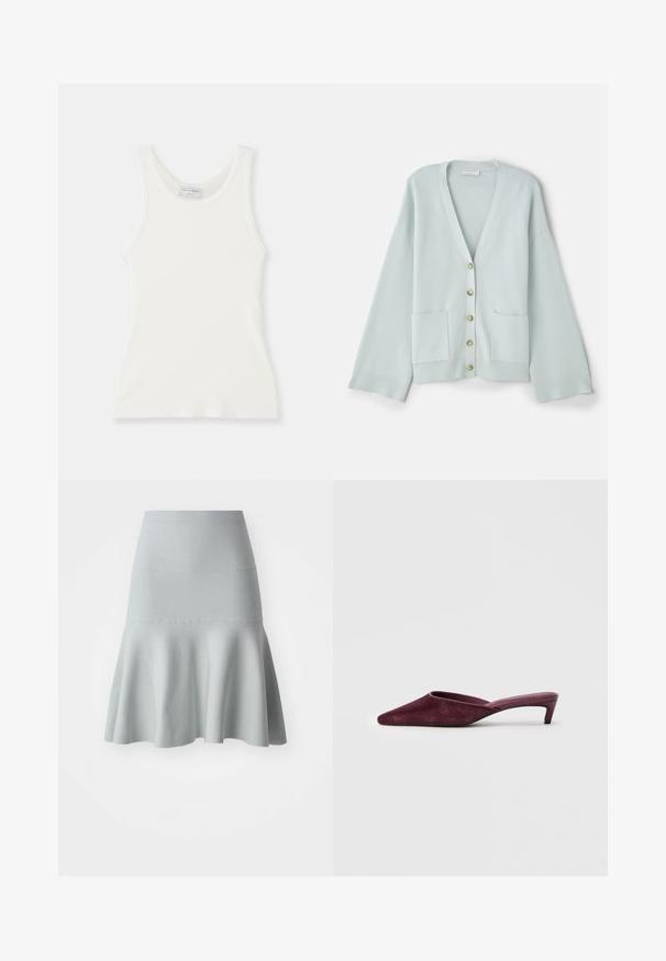 Lysegrøn cardigan med V-hals, lange ærmer, frontlommer og seks runde knapper. Glat tekstur og afslappet pasform.; Hvid ribbet tanktop med rund halsudskæring og brede stropper, som har en blød tekstur og en tætsiddende silhuet.; Stribet skjorte i grøn, hvid og pink. Har en krave, lange ærmer og en buet kant med kontrastfarvede cuff og knapper.; Lyseblå udvidet nederdel lavet af et tekstureret stof. Har en tætsiddende talje og en blød, bølget kant. Enkel design uden mønstre.; Bordeaux mules lavet af blødt ruskind, med spidse tæer, åben bag og en slank, lav hæl for en elegant silhuet.
