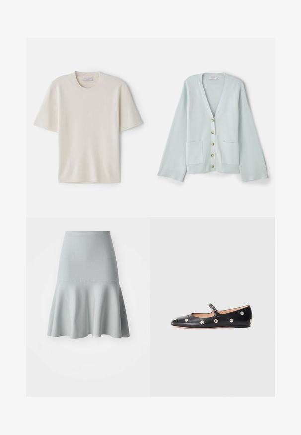 Svetlozelený kardigán s výstrihom do V, dlhými rukávmi, prednými vreckami a šiestimi guľatými gombíkmi. Hladká textura a voľný strih.; Krémové tričko s krátkym rukávom a okrúhlym výstrihom, vyrobené z mäkkého materiálu, s rovnými líniami a minimálnym zdobením.; Svetlomodrá rozšírená sukňa vyrobená z textúrovanej látky. Disponuje priliehavým pásom a jemným vlnitým okrajom. Jednoduchý dizajn bez vzorov.; Čierne kožené baleríny typu Mary Jane s okrúhlou špičkou, so striebornými kruhovými cvokmi a nastaviteľným remienkom so sponou.
