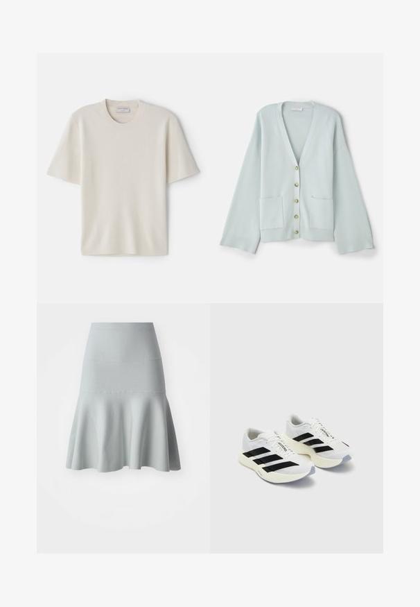 Svetlozelený kardigán s výstrihom do V, dlhými rukávmi, prednými vreckami a šiestimi guľatými gombíkmi. Hladká textura a voľný strih.; Krémové tričko s krátkym rukávom a okrúhlym výstrihom, vyrobené z mäkkého materiálu, s rovnými líniami a minimálnym zdobením.; Svetlomodrá rozšírená sukňa vyrobená z textúrovanej látky. Disponuje priliehavým pásom a jemným vlnitým okrajom. Jednoduchý dizajn bez vzorov.; Biele športové topánky s čiernymi pruhmi a značkou, s mriežkovaným zvrškom, zaoblenou špičkou a hrubou krémovou podrážkou pre tlmenie.