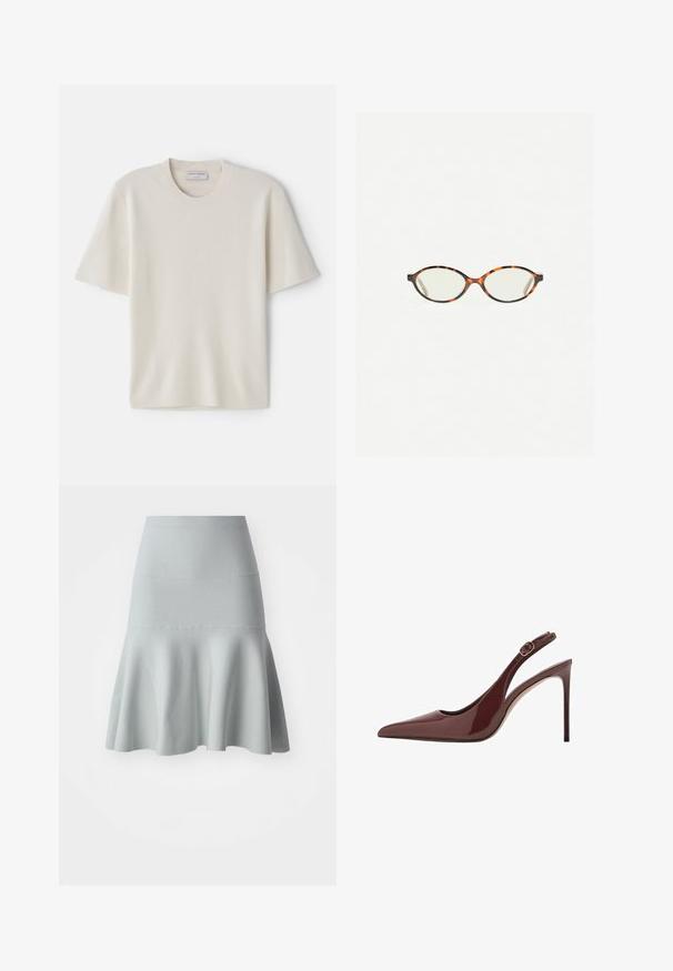 Svetlozelený kardigán s výstrihom do V, dlhými rukávmi, prednými vreckami a šiestimi guľatými gombíkmi. Hladká textura a voľný strih.; Krémové tričko s krátkym rukávom a okrúhlym výstrihom, vyrobené z mäkkého materiálu, s rovnými líniami a minimálnym zdobením.; Svetlomodrá rozšírená sukňa vyrobená z textúrovanej látky. Disponuje priliehavým pásom a jemným vlnitým okrajom. Jednoduchý dizajn bez vzorov.; Hnedé lakované kožené vyžuté lodičky s jemnou špičkou a nastaviteľným prackovým remienkom, na tenkom stiletto podpätku.; Korytnačkové okuliare s oválnymi šošovkami a hladkým, lesklým povrchom. Majú tenké strany s jemným zakrivením na spánkoch. Priehľadné šošovky.