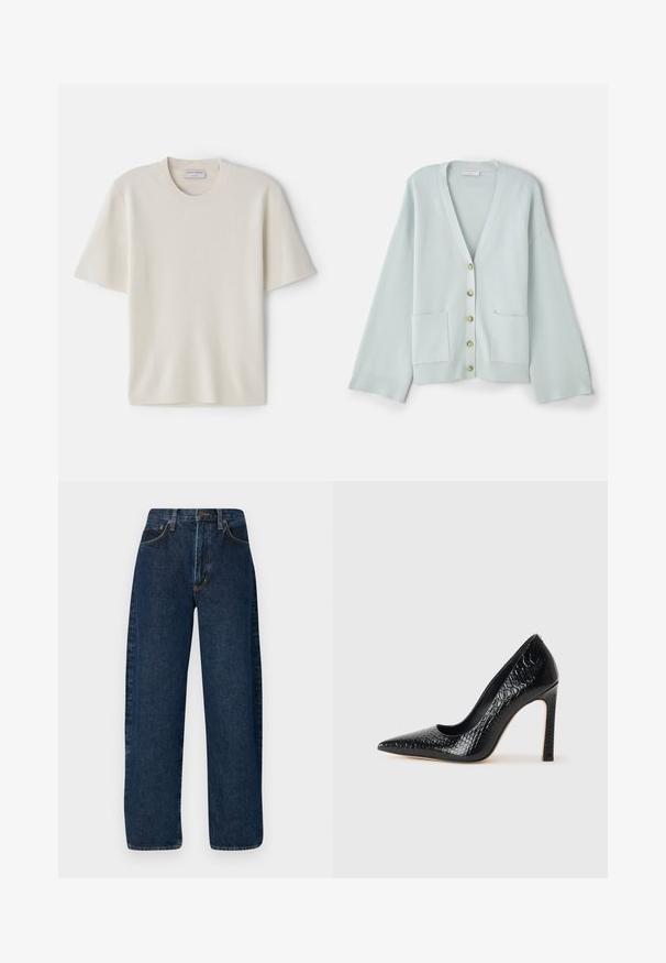 Šviesiai žalias cardiganas su V formos iškirpte, ilgomis rankovėmis, priekinėmis kišenėmis ir šešiais apvaliais mygtukais. Lygi tekstūra ir laisvai priglundantys dizainas.; Kremos šviesiai geltonas trumpų rankoviu marškinėliai su apvaliu iškirpimu, pagaminti iš minkštos medžiagos, turintys tiesų siluetą ir minimalų dekorą.; Plati blauji džinsai su aukštu liemeniu, turintys klasikines penkias kišenes ir kontrastingus siūlus palei siūles.; Juoda smailiakulnė aukšto kulno bateliai su krokodilo odos tekstūra, pasižymintys elegantišku dizainu, aukštu stiletu kulnu ir lygia juoda vidine dalimi.