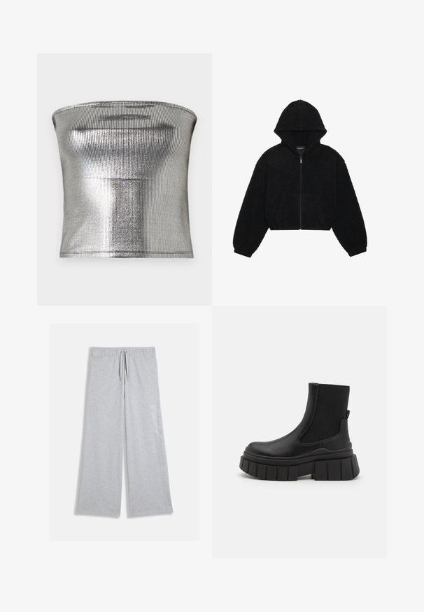 Zwarte cropped hoodie gemaakt van een fuzzy stof. Voorzien van een ritssluiting aan de voorkant, twee zijzakken en een capuchon. Zachte textuur met elastische manchetten.; Zilver strapless top gemaakt van ribbelachtig metallic stof. Kenmerkt zich door een gladde textuur en een aansluitend ontwerp met een rechte zoom.; Grijze sweatpants van zacht materiaal, met een wijd uitlopende pasvorm en een elastische tailleband met een koord; tekstdetail aan één zijde.; Zwarte enkellaarzen van soepel leer met elastische zijpanelen, een robuuste platformzool en een gestructureerd loopvlak design.