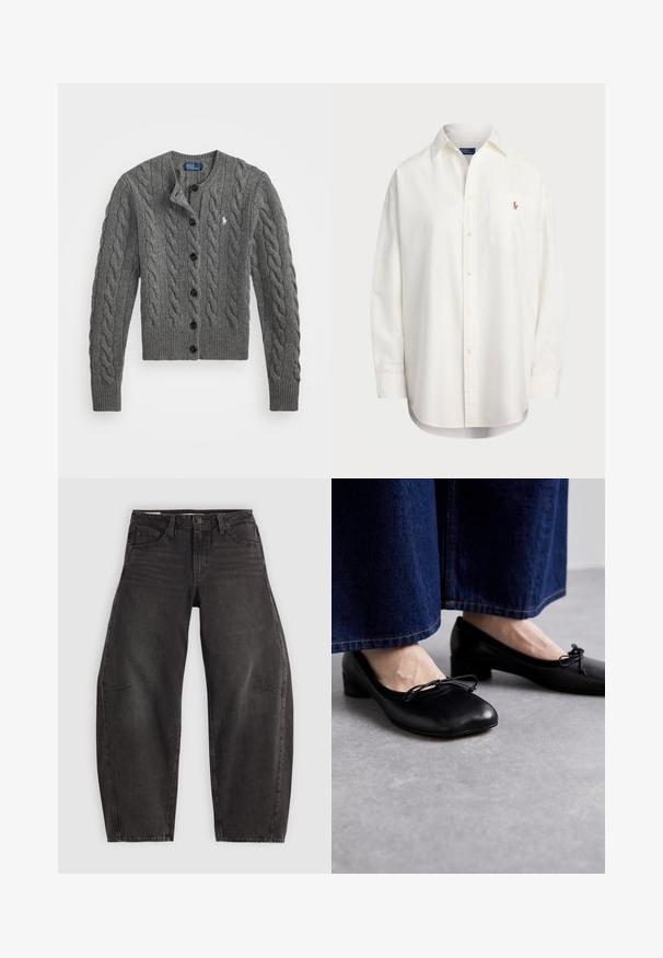 Szürke kötött kardigán kábelmintázattal, kerek nyakkal, gombos záródással és sötét gombokkal. Kicsi logó a mellrészen.; Fehér gombos ing, pamutból készült, mellzsebbel és kis hímzett logóval. Laza fazonú, klasszikus nyakkal és hosszú ujjakkal.; Fekete farmernadrág ellazult szabással, amely öt zsebbel, gombos záródással és finom kopással rendelkezik. Az anyag sima, tartós textúrájú.; Fekete bőrcipők négyzet alakú orral és kis sarkával, az elején díszes masnival. Sötét farmernadrággal viselve.