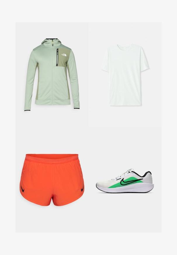 The North Face MOUNTAIN ATHLETICS FULL ZIP - Zip-up sweatshirt - slate moss/bark mist; Light mint green short-sleeve t-shirt made of soft fabric. Features a crew neckline and a simple, straight cut without embellishments.; Orange athletic shorts made of smooth fabric, featuring a black Nike logo on the left side and a stretchy waistband for comfort.; White athletic shoe with a green accent, black logo, mesh upper, cushioned sole, and a rounded heel. Features laces and contrast detailing.