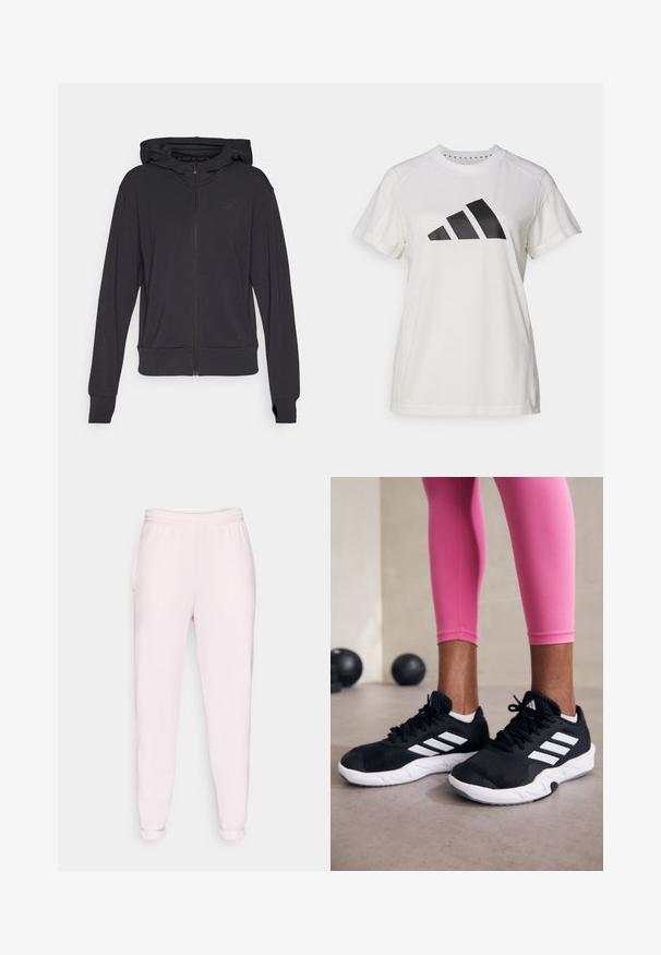 Sudadera con cremallera negra hecha de una tela suave, que presenta una capucha, mangas largas y un logo sutil en la parte izquierda del pecho.; Camiseta atlética blanca de tejido suave. Presenta mangas cortas y un gran logotipo negro de Adidas con tres rayas debajo.; Pantalones deportivos de color rosa claro con cinturilla ajustable, bolsillos laterales y puños elásticos. Fabricados en una tela suave y elástica.; Zapatillas deportivas negras con rayas blancas, parte superior de malla texturizada y suela blanca. Combinadas con leggings rosa, exhibiendo ropa de entrenamiento.