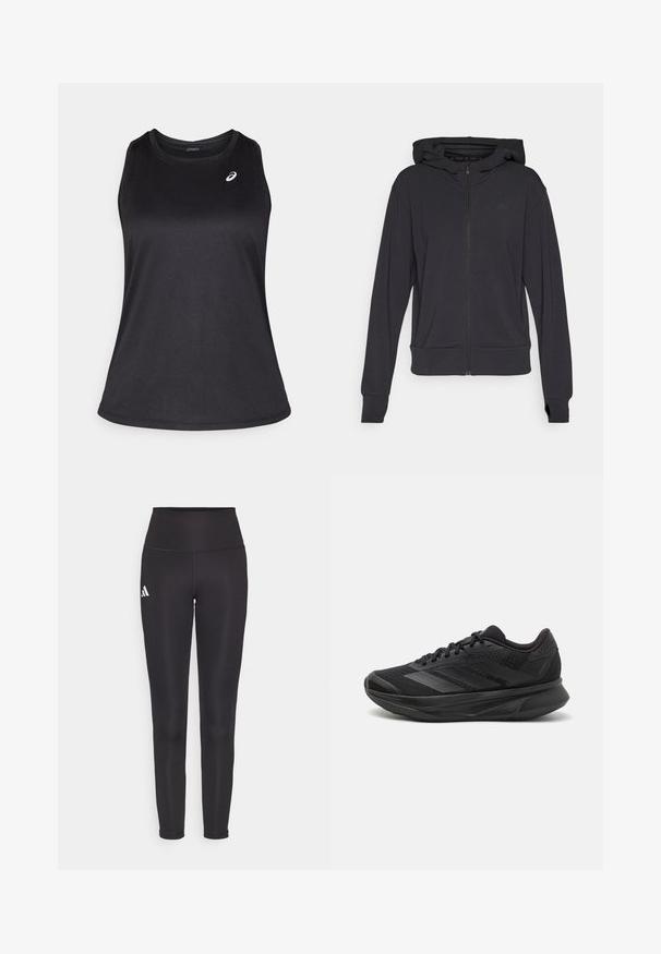 Schwarze Zip-Hoodie aus weichem Stoff, mit Kapuze, langen Ärmeln und einem dezenten Logo auf der linken Brustseite.; Schwarzes sportliches Tanktop aus leichtem, atmungsaktivem Material. Hat einen runden Ausschnitt und ein dezentes Logo auf der oberen linken Seite.; Schwarze hochgeschnittene Leggings aus dehnbarem Stoff. Mit einem weißen Logo auf der linken Seite und einem eleganten, nahtlosen Design. Glatte Textur.; Schwarzer Laufschuh mit einem atmungsaktiven Mesh-Obermaterial, runder Zehenpartie, schlankem Design, strukturierten Akzenten und einer gepolsterten Sohle für Komfort.