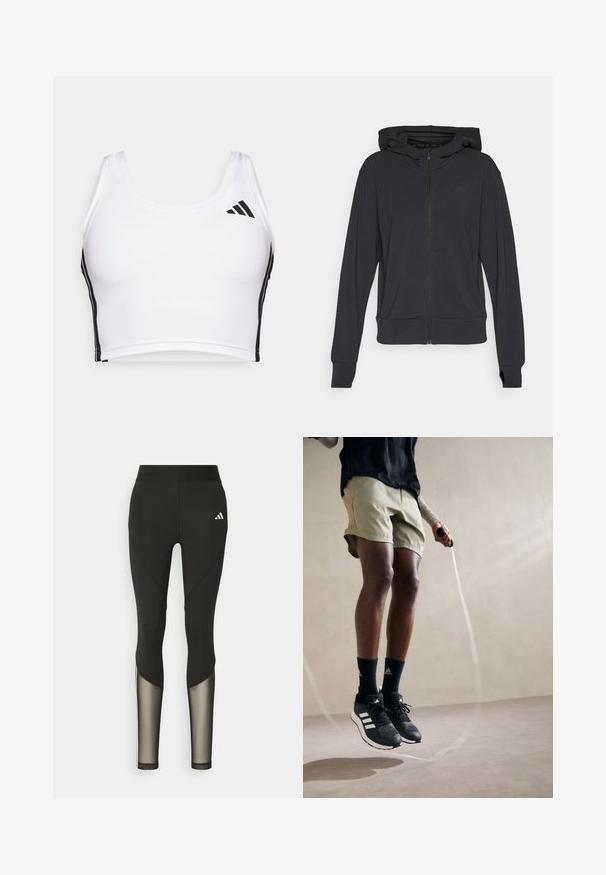 Czarna bluza rozpinana z miękkiego materiału, z kapturem, długimi rękawami oraz subtelnym logo na lewej piersi.; Biały sportowy crop top wykonany z fakturowanej tkaniny, z czarnymi paskami po bokach i czarnym logo na górnej lewej stronie. Klasyczny design z szerokimi ramiączkami.; Czarne legginsy sportowe z wysokim stanem, z siateczkowymi akcentami na dolnych nogawkach oraz haftowanym logo na biodrze.; Czarne sportowe buty z białymi paskami, oliwkowe szorty i granatowe skarpetki. Osoba trzyma skakankę w rękach. Neutralne tło.