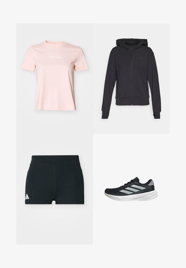 Čierna zapínacia mikina na zips vyrobená z mäkkej tkaniny, s kapucňou, dlhými rukávmi a jemným logom na ľavej strane hrude.; Svetloružový bavlnený tričko s okrúhlym výstrihom, krátkymi rukávmi a bielym logom "BJÖRN BORG" potlačeným na prednej strane.; Čierne atletické šortky vyrobené z elastického materiálu, s vysokým pásom, priliehavým strihom a bielym logom Adidas na ľavej strane.; Čierna behacia obuv s vrchnou časťou z priedušného materiálu, tromi striebornými pruhmi, bielou medzipodrážkou a textúrovanou podrážkou. Obsahuje polstrovaný golier a uzatváranie na šnúrky.