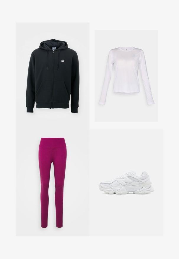 Black zip-up hoodie with a drawstring hood, front pockets, ribbed cuffs, and a small white logo on the left chest. Soft cotton blend material.; New Balance ATHLETICS LONG SLEEVE - Long sleeved top - taro heather; Fitted leggings in a vibrant magenta hue, made from a smooth, stretchy fabric. Features a high waistband and seamless design.; White athletic shoes featuring a mesh and leather upper, rounded toe, layered design, and a cushioned sole for comfort.