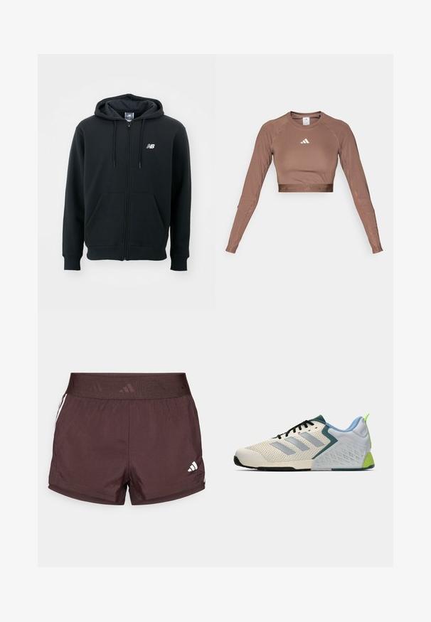 Sweatshirt preto com fecho éclair, capuz com cordão, bolsos frontais, punhos canelados e um pequeno logótipo branco no lado esquerdo do peito. Material macio em mistura de algodão.; Top cropped de manga longa marrom, feito de um tecido liso e elástico. Apresenta um decote redondo e um logotipo branco em contraste no peito.; Calções de desporto castanhos com uma cintura elástica texturizada, apresentando riscas laterais brancas e um pequeno logótipo na parte inferior direita da bainha.; Sapatilhas leves para atletismo com um upper em malha creme, riscas cinzentas, um detalhe em verde e um contraforte em azul texturizado. Cordões pretos.