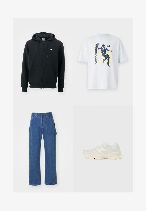 Mustat vetoketjuhuppari, jossa on kiristettävä huppu, etutaskut, ribbireunat ja pieni valkoinen logo vasemmassa rinnassa. Pehmeä puuvillasekoitemateriaali.; Vaaleansininen puuvillapaita, jossa on tummasävyinen siluetti koripalloilijasta ja "new balance" -teksti kontrastiväreissä. Lyhyet hihat.; Siniset farkut rentoa istuvuutta, suoran lahkeen kanssa, joissa on etu- ja takataskut sekä nappikiinnitys vyötäröllä.; Kevyt lenkkari, jossa on verkko- ja mokkanahkapinta pehmeissä kerman sävyissä, chunky-pohja ja kolmiulotteiset yksityiskohdat.