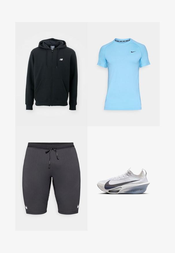 Czarna bluza z kapturem na zamek błyskawiczny, z kapturem ze sznurkiem, przednimi kieszeniami, ściągaczami na rękawach oraz małym białym logo na lewej piersi. Wykonana z miękkiego materiału mieszanki bawełny.; Jasnoniebieska koszulka sportowa z krótkim rękawem, wykonana z miękkiego materiału, z czarnym logo Nike na piersi, okrągłym dekoltem i bocznymi panelami z siateczki.; Czarne szorty sportowe z żebrowanej tkaniny, posiadające elastyczny pas z sznurkiem i małe białe logo Nike po lewej stronie.; Białe buty do biegania Nike z szarym logo Swoosh, o smukłej sylwetce, przezroczystą podeszwą środkową i widoczną amortyzacją powietrzną.