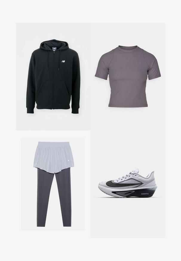 Fekete cipzáros kapucnis pulóver állítható kapucnival, elülső zsebekkel, bordás mandzsettákkal és egy kis fehér logóval a bal mellrészen. Puhaszövetű pamut keverékanyag.; Rövidujjú, magas nyakú felső bordázott, szürke anyagból. Testhezálló kialakítás lapos varrásokkal és sima textúrával. Minták vagy grafikák nincsenek rajta.; Világosszürke sportnadrág rugalmas derékkal, sötétszürke leggings fölé rétegezve. Mindkét anyag sima, rugalmas és testhezálló.; Fehér sportcipő, hálós felső résszel, fekete ívelt swoosh-zsal, ZoomX párnázott talppal és textúrázott dizájnnal a légáteresztő képesség érdekében.