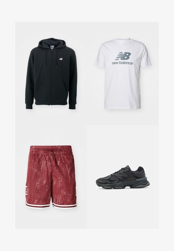 Zwarte zip-up hoodie met een trekkoordkap, voorzakken, geribbelde manchetten en een klein wit logo op de linker borst. Zacht katoenmix materiaal.; Witte katoenen t-shirt met een grijs "NB" logo en "new balance" tekst, korte mouwen, klassieke ronde hals ontwerp, zachte textuur.; Rode mesh korte broek met een gestructureerd patroon, witte accenten en een koordsluiting in de taille. Voorzien van zijzakken en een logo op het linkerpijp.; Zwarte hardloopschoen met een mix van mesh en synthetische materialen, een stevige zool, gebogen ontwerp en prominente branding op de zijkant.