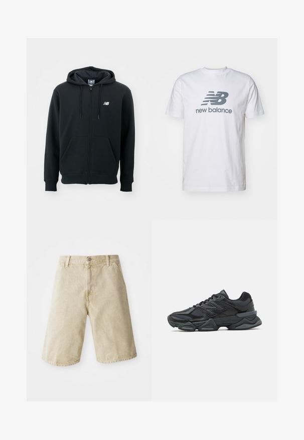 Sort zip-up hoodie med en snøre til hætten, frontlommer, ribstrikkede manchetter og et lille hvidt logo på venstre bryst. Blødt bomuldsblanding materiale.; Hvid bomulds t-shirt med et gråt "NB" logo og "new balance" tekst, korte ærmer, klassisk rund hals design, glat tekstur.; Beige denim shorts med lige snit, fem lommer, frontknap og lynlås lukning, samt subtil falming på stoffet.; Sorte løbesko med en blanding af mesh og syntetiske materialer, kraftig sål, buet design og fremtrædende branding på siden.