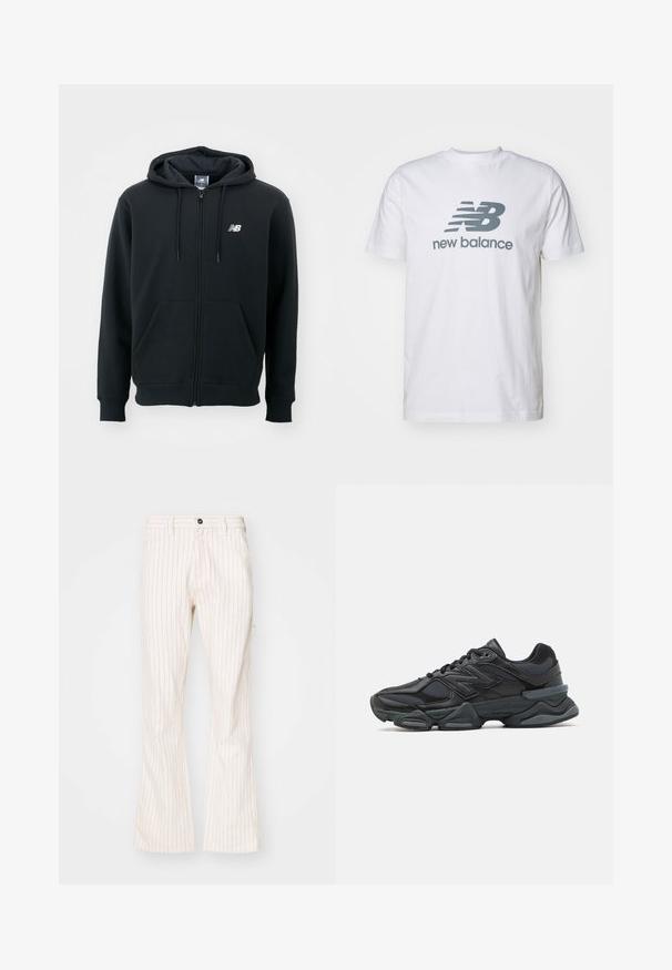 Black zip-up hoodie with a drawstring hood, front pockets, ribbed cuffs, and a small white logo on the left chest. Soft cotton blend material.; White cotton t-shirt featuring a gray "NB" logo and "new balance" text, short sleeves, classic crew neck design, smooth texture.; Cream-colored flared pants with vertical red pinstripes, featuring a button closure, side pockets, and a smooth textured fabric.; Black running shoe featuring a mix of mesh and synthetic materials, chunky sole, curved design, and prominent branding on the side.