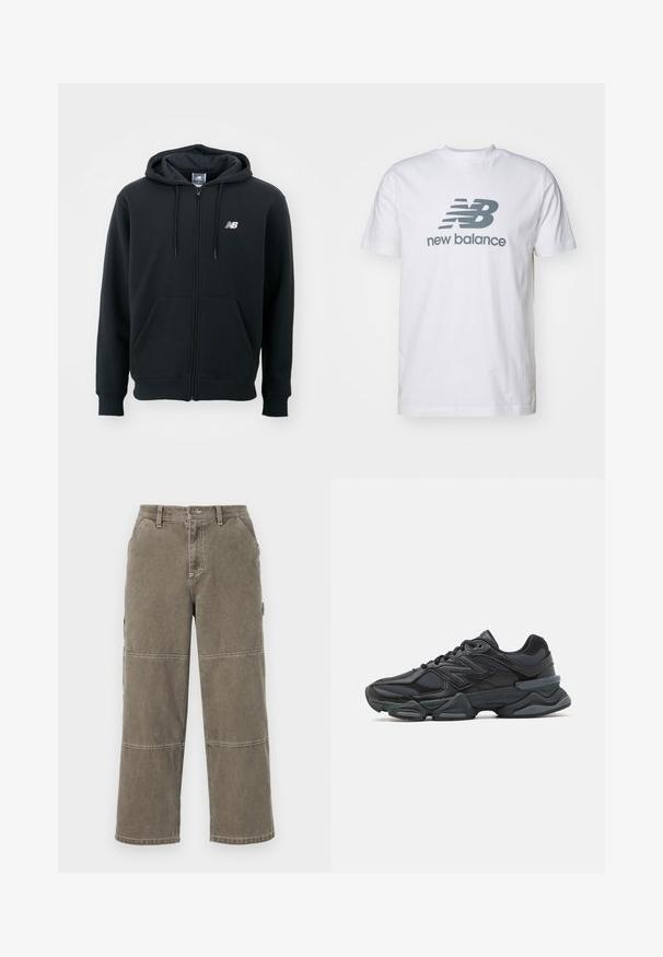 Svart zip-up hoodie med dragsko i huven, framfickor, ribbade ärmslut och en liten vit logga på vänster bröst. Mjuk bomullsblandning.; Vit bomull t-shirt med en grå "NB" logotyp och texten "new balance", korta ärmar, klassisk rundhalsad design, slät textur.; Bomullscargobyxor i dämpad olivgrön med vida ben, dubbelstickade detaljer och sidofickor, med knappstängning och bälteshällor.; Svart löparsko med en kombination av mesh och syntetiska material, kraftig sula, rundad design och framträdande varumärkning på sidan.