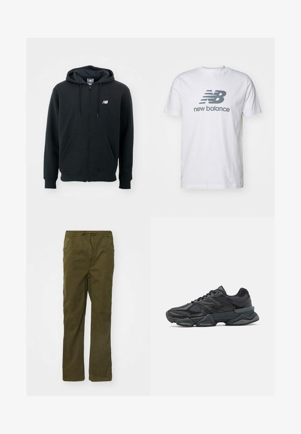 Svart zip-up hoodie med dragsko i huven, framfickor, ribbade ärmslut och en liten vit logga på vänster bröst. Mjuk bomullsblandning.; Vit bomull t-shirt med en grå "NB" logotyp och texten "new balance", korta ärmar, klassisk rundhalsad design, slät textur.; Bomullscargo-byxor i olivgrön, med dragsko i midjan, raka ben, sidofickor och en slät textur.; Svart löparsko med en kombination av mesh och syntetiska material, kraftig sula, rundad design och framträdande varumärkning på sidan.