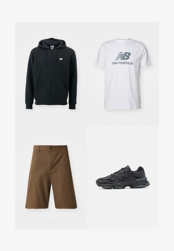 Fekete cipzáros kapucnis pulóver állítható kapucnival, elülső zsebekkel, bordás mandzsettákkal és egy kis fehér logóval a bal mellrészen. Puhaszövetű pamut keverékanyag.; Fehér pamut póló szürke "NB" logóval és "new balance" felirattal, rövid ujjakkal, klasszikus kerek nyakkivágással, sima textúrával.; Barna pamut sort, egyenes szabással, elülső gombzárral, övhurkokkal és oldalzsebekkel. Sima textúra és tiszta varratok.; Fekete futócipő, mely háló és szintetikus anyagok keverékéből készült, vastag talppal, ívelt kialakítással és hangsúlyos logóval az oldalon.