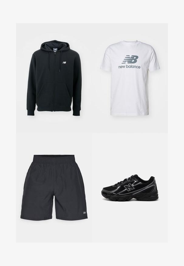 Fekete cipzáros kapucnis pulóver állítható kapucnival, elülső zsebekkel, bordás mandzsettákkal és egy kis fehér logóval a bal mellrészen. Puhaszövetű pamut keverékanyag.; Fehér pamut póló szürke "NB" logóval és "new balance" felirattal, rövid ujjakkal, klasszikus kerek nyakkivágással, sima textúrával.; Fekete sportnadrág rugalmas derékkal, sima textúrával és diszkrét logóval a jobb alsó oldalon.; Fekete sportcipő hálós felsőrésszel, ezüst kiegészítőkkel, párnázott talppal és fűzős zárással. Kerek orral és mintás talppal rendelkezik.