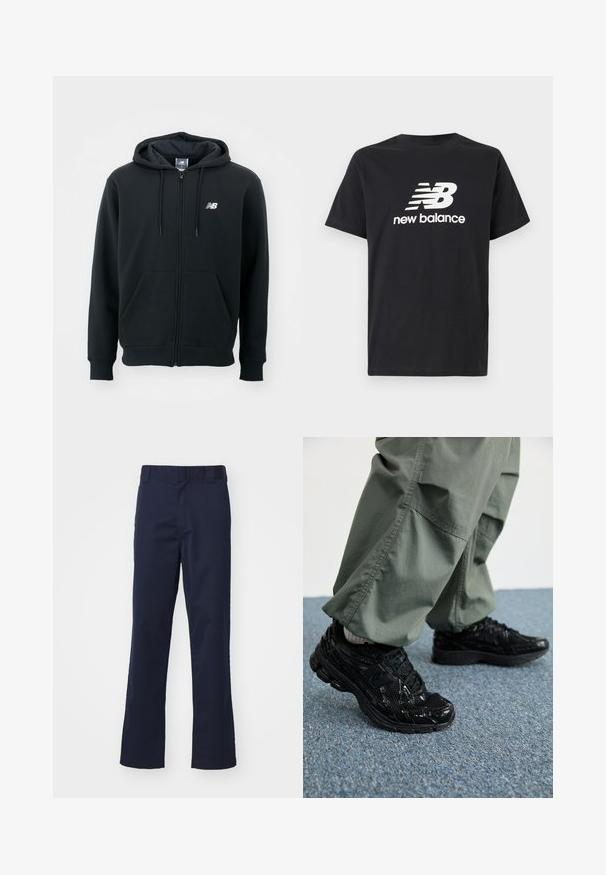 Svart hettejakke med glidelås, snorhette, frontlommer, ribbede mansjetter og en liten hvit logo på venstre bryst. Myk bomullsblanding.; Svart bomulls T-skjorte med hvit New Balance-logo og grafisk design på forsiden. Korte ermer og rund hals.; Marineblå bukser laget av stoff, med rett ben-design, beltehemper og en ren finish på kanten. Ingen synlige mønstre eller aksenter.; Svarte sportssko med glossy og mesh teksturer, med en tykk såle og lisser, kombinert med løse olivengrønne cargo-bukser.