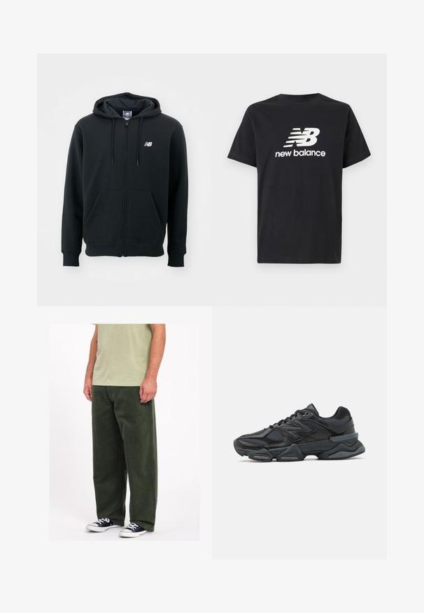 Sudadera con cremallera negra, capucha con cordón, bolsillos frontales, puños acanalados y un pequeño logo blanco en el lado izquierdo del pecho. Material suave de mezcla de algodón.; Camiseta de algodón negra con un logo blanco de New Balance y un diseño gráfico en la parte frontal. Mangas cortas y cuello redondo.; Pantalones de pana verdes de pierna ancha con una textura suave. Llevados con una camisa verde clara y zapatillas negras y blancas. Diseño sencillo y práctico.; Zapatilla de running negra que presenta una combinación de malla y materiales sintéticos, suela gruesa, diseño curvado y una marca prominente en el costado.