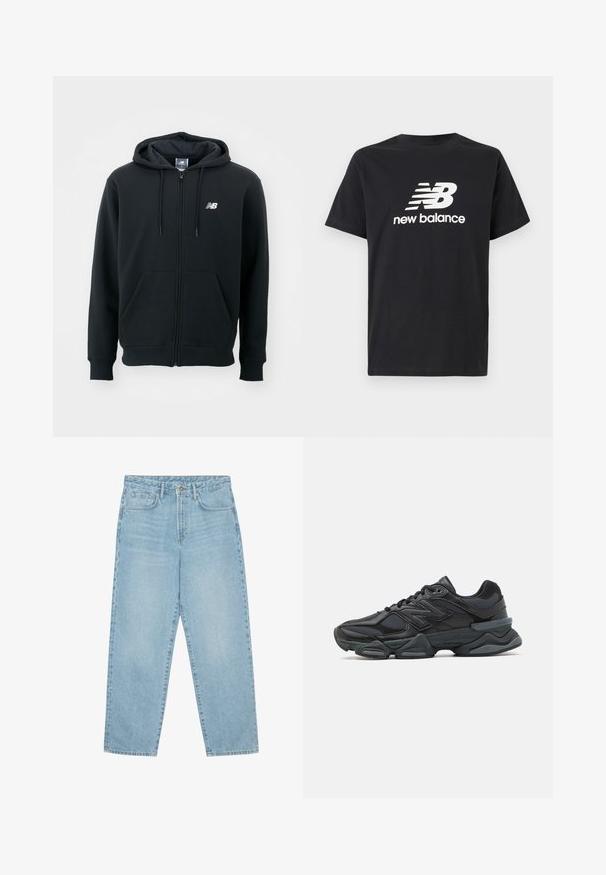 Hoodie zippé noir avec une capuche à cordon, poches avant, poignets côtelés et un petit logo blanc sur la poitrine gauche. Matière en mélange de coton doux.; T-shirt en coton noir avec un logo New Balance et un design graphique blancs sur le devant. Manches courtes et col rond.; Jeans en denim bleu clair avec taille haute et coupe évasée. Dotés de poches avant, d'une seule poche arrière et d'une fermeture à bouton en métal.; Chaussure de course noire mettant en avant un mélange de mesh et de matériaux synthétiques, avec une semelle épaisse, un design arrondi et un logo bien visible sur le côté.