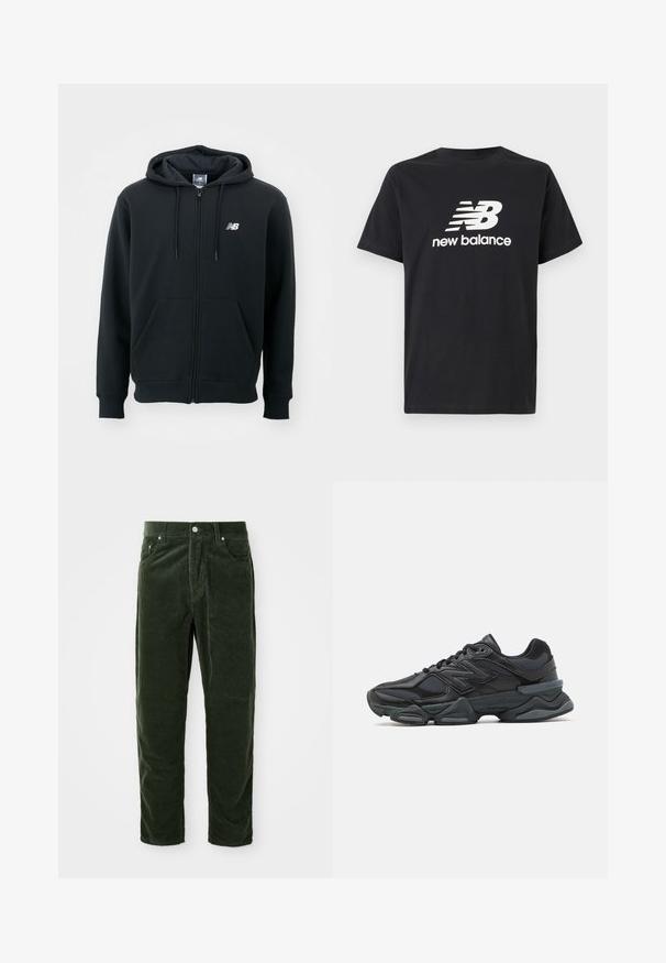 Svart hettejakke med glidelås, snorhette, frontlommer, ribbede mansjetter og en liten hvit logo på venstre bryst. Myk bomullsblanding.; Svart bomulls T-skjorte med hvit New Balance-logo og grafisk design på forsiden. Korte ermer og rund hals.; Grønne kordfløyelsbukser med vertikal ribbestruktur, med knappelukking, to frontlommer og rett ben-design.; Svart løpesko med en blanding av mesh og syntetiske materialer, chunky såle, buet design og fremtredende merkevare på siden.