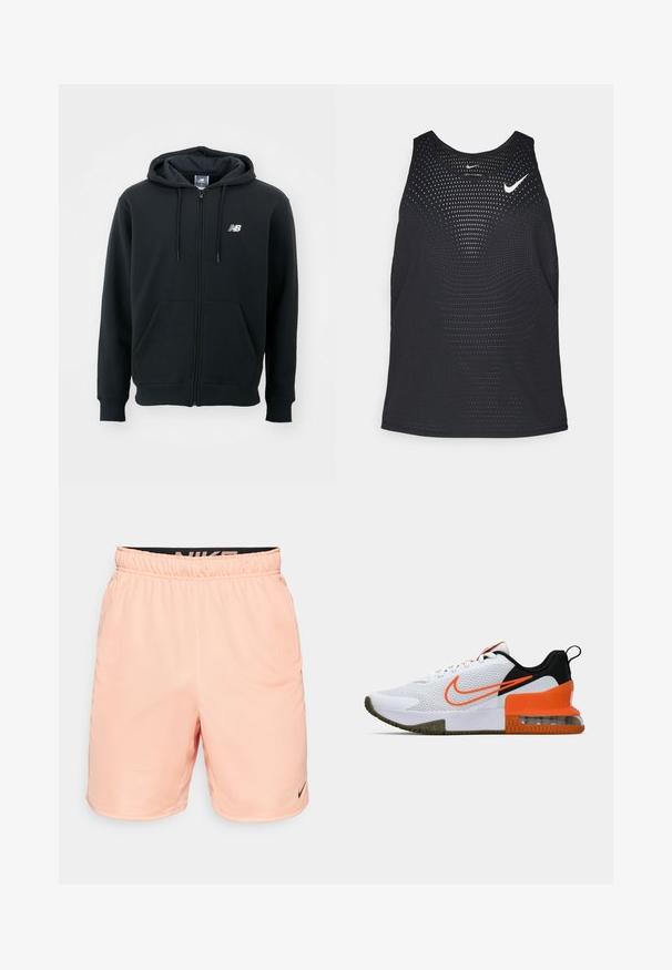 Schwarzer Reißverschluss-Hoodie mit einer Kapuze mit Kordelzug, vorderen Taschen, gerippten Bündchen und einem kleinen weißen Logo auf der linken Brust. Weiches Baumwollmischgewebe.; Schwarzes sportliches Tanktop mit perforierter Textur und rundem Ausschnitt. Mit einem weißen Nike-Logo auf der Brust.; Nike Performance TOTALITY - Kurze Sporthose - apricot agate/black; Weißer Sportschuh mit einem strukturierten Mesh-Obermaterial, schwarzen und orangefarbenen Akzenten, einer dicke Gummisohle und einem klaren Luftkissenbereich an der Ferse.