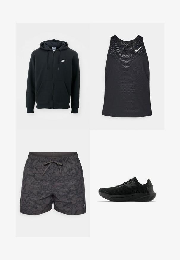 Must mustaga, millel on tõmblukk, reguleeritav kapuuts, esi-taskud, ribidega mansetid ja väike valge logo vasakul rinnakul. Pehme puuvillane segumaterjal.; Mustmustreening mustrippide tekstuuri ja ümmargune kaelus. Rinnal valge Nike logo.; Mustad mustad ujumistrid musta värvi, õrna tekstuuriga mustriga, elastse vöökohtaga, reguleeritava nööriga ja külgmise logoga aksessuaariga.; Mustan sportliku jalanõu tekstureeritud pealsega, millel on stiilne disain, paeltesulgemine ja paksem mustriline tald paremaks haardevõimeks.