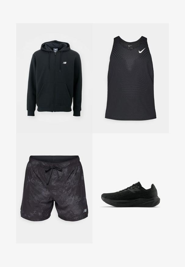Svart hettejakke med glidelås, snorhette, frontlommer, ribbede mansjetter og en liten hvit logo på venstre bryst. Myk bomullsblanding.; Sort svart treningssinglet med perforert tekstur og rund hals. Har en hvit Nike-logo på brystet.; New Balance PRINTED SHORT - Sports shorts - castlerock; Svart atletisk sko med teksturert overdel, som har et strømlinjeformet design, snøring og en tykkere såle med mønster for bedre grep.