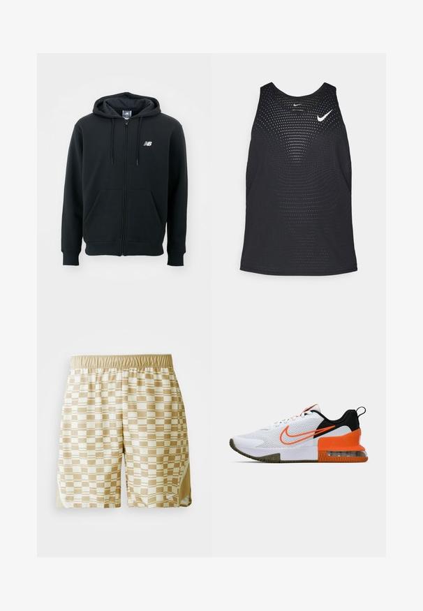 Svart hettejakke med glidelås, snorhette, frontlommer, ribbede mansjetter og en liten hvit logo på venstre bryst. Myk bomullsblanding.; Sort svart treningssinglet med perforert tekstur og rund hals. Har en hvit Nike-logo på brystet.; Beige idrettsshorts med et rutemønster i krem og lys brunt, med elastisk midje og sideventiler for bevegelighet.; Hvit sportssko med et teksturert mesh-overdel, sorte og oransje accenter, en tykk gummisåle og en klar luftpute-seksjon ved hælen.