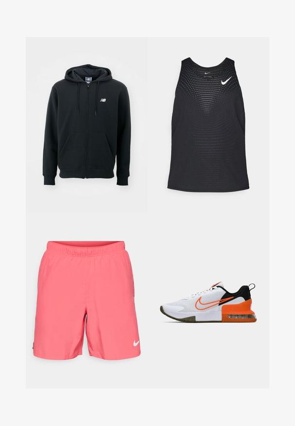 Must mustaga, millel on tõmblukk, reguleeritav kapuuts, esi-taskud, ribidega mansetid ja väike valge logo vasakul rinnakul. Pehme puuvillane segumaterjal.; Mustmustreening mustrippide tekstuuri ja ümmargune kaelus. Rinnal valge Nike logo.; Nike Performance CHALLENGER SHORT - Spordišortsid - aster pink/dark pony/black/reflective silver; Valge sportlik king, millel on tekstuuriga võrkkangas, mustad ja oranžid detailid, paks kummitald ja selge õhukambriga osa kanna juures.