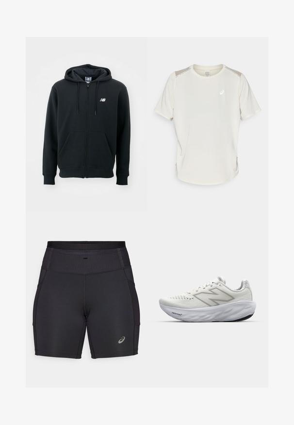 Schwarzer Reißverschluss-Hoodie mit einer Kapuze mit Kordelzug, vorderen Taschen, gerippten Bündchen und einem kleinen weißen Logo auf der linken Brust. Weiches Baumwollmischgewebe.; Hellbeiges kurzärmeliges Sporthemd mit rundem Halsausschnitt, Netzstoffakzenten an den Schultern und reflektierendem Logodetail auf der Vorderseite.; Schwarze Sportshorts aus dehnbarem Stoff. Mit einem hohen, gerippten Bund und Seitentaschen. Mit einem reflektierenden Logodesign.; Weiße Sportschuhe mit einem Mesh-Obermaterial, einem gepolsterten Kragen, einer strukturierten Sohle und der "Fresh Foam"-Markierung in der Zwischensohle.