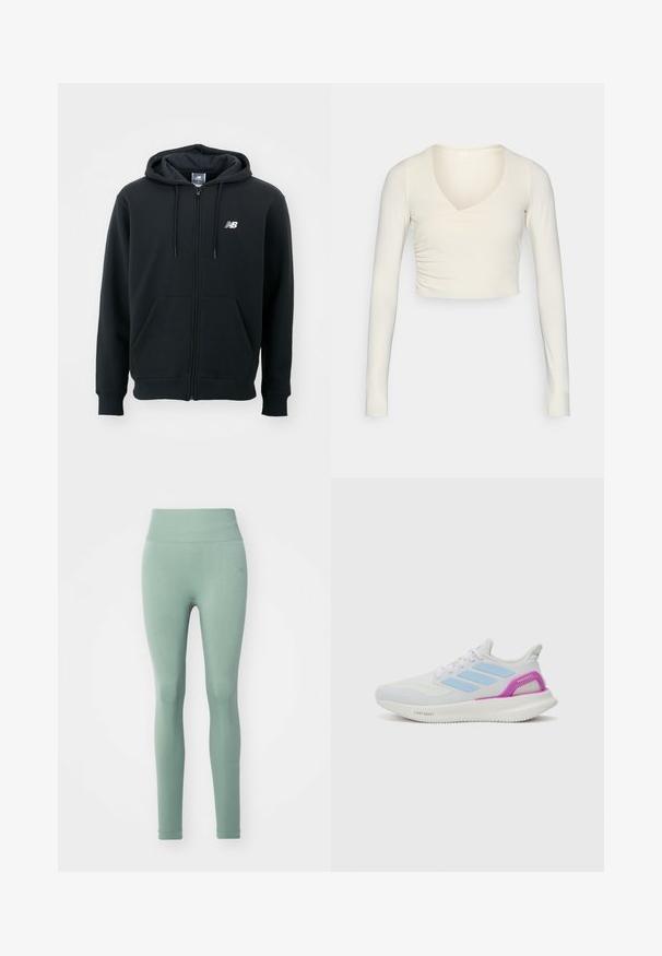 Čierna mikina na zips s kapucňou na stiahnutie, prednými vreckami, rebrovanými manžetami a malým bielym logom na ľavej hrudi. Mäkký materiál z bavlneného zmesi.; Dlhý rukáv, krémový crop top s výstrihom do V a zhladením po stranách, vyrobený z elastického materiálu pre priliehavý vzhľad.; Legíny s vysokým pásom, priliehavé, v svetlozelenej farbe. Vyrobené z elastického materiálu s hladkou textúrou. Bez výrazných vzorov alebo kovových prvkov.; adidas Performance PUREBOOST 5 - Cestná bežecká obuv - white/glow blue/purple burst