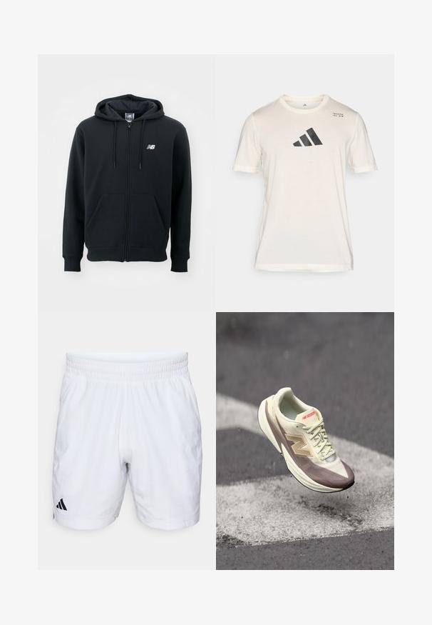 Black zip-up hoodie with a drawstring hood, front pockets, ribbed cuffs, and a small white logo on the left chest. Soft cotton blend material.; adidas Performance Sports T-shirt - chalk white; White athletic shorts with an elastic waistband, featuring a textured fabric and a black Adidas logo on the lower left side.; Lightweight athletic shoe with a cream upper and brown accents, featuring a textured surface, laces, and a prominent logo on the side.
