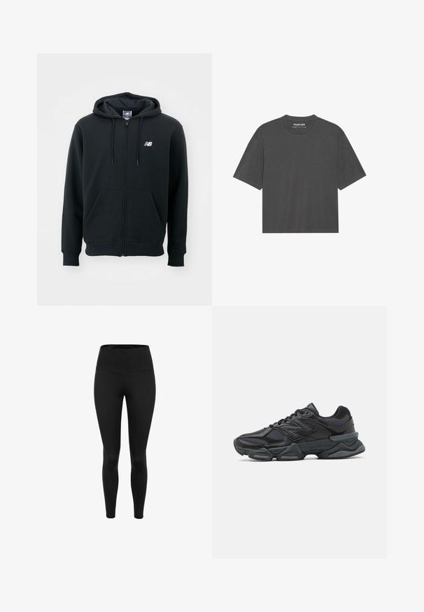 Černá mikina s kapucí na zip, se stahovací šňůrkou, předními kapsami, žebrovanými manžetami a malým bílým logem na levé straně hrudi. Měkký materiál z bavlněné směsi.; Tmavě šedé tričko s krátkým rukávem, kulatým výstřihem, vyrobené z měkké tkaniny. Bez viditelných vzorů nebo grafiky, jednoduchý design.; Černé legíny vyrobené z elastické látky. Vysoký pás, úzký střih a hladká textura. Bez vzorů a viditelného hardwaru.; Černá běžecká bota s kombinací síťoviny a syntetických materiálů, masivní podešev, zakřivený design a výrazné logo na boku.