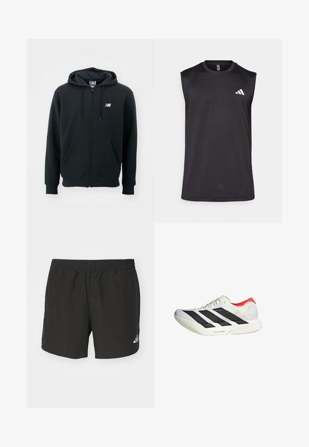 Černá mikina s kapucí na zip, se stahovací šňůrkou, předními kapsami, žebrovanými manžetami a malým bílým logem na levé straně hrudi. Měkký materiál z bavlněné směsi.; Černý bezrukávový sportovní top vyrobený z prodyšné tkaniny, s kulatým výstřihem a bílým logem na horní levé straně.; Černé sportovní šortky s elastickým pasem, bočními rozparky a reflexními akcenty loga. Vyrobené z lehkého a hladkého materiálu.; Bílé sportovní boty s černými diagonálními pruhy, červenými akcenty na patě a texturovaným svrškem; disponují tlumením LIGHTSTRIKE PRO.