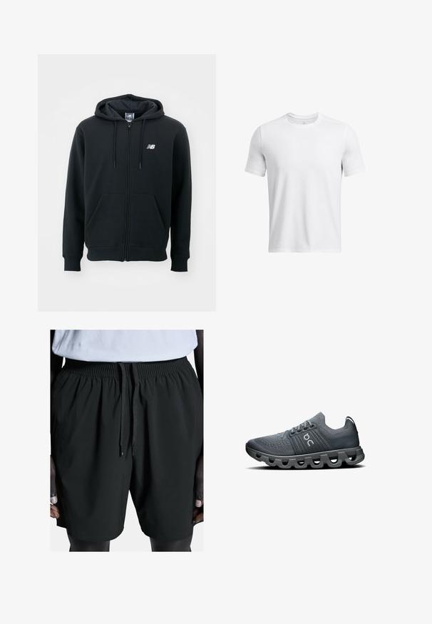 Mustat vetoketjuhuppari, jossa on kiristettävä huppu, etutaskut, ribbireunat ja pieni valkoinen logo vasemmassa rinnassa. Pehmeä puuvillasekoitemateriaali.; Valkoinen lyhythihainen t-paita, joka on valmistettu pehmeästä kankaasta. Ominaisuuksiin kuuluu pyöreä kaula-aukko ja yksinkertainen, saumaton muotoilu ilman kuvioita tai korostuksia.; Mustat urheilushortsit, joissa on joustava vyötärö ja nauha. Ominaisuuksiin kuuluu sileä kangas ja sivutaskut, jotka on suunniteltu mukavuutta ja liikkuvuutta varten.; Harmaat urheilusandaalit, joissa on teksturoitu kangasosa, rakenteellinen pohja, jossa on aalromyydet, sekä brändilogo sivussa.