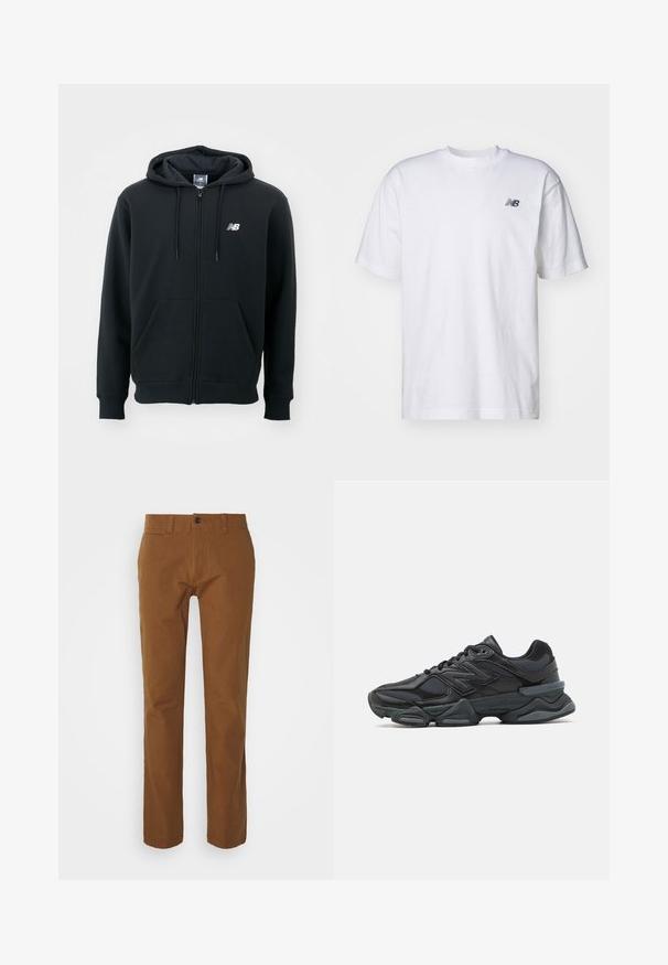 Zwarte zip-up hoodie met een trekkoordkap, voorzakken, geribbelde manchetten en een klein wit logo op de linker borst. Zacht katoenmix materiaal.; Witte korte mouwen crew neck T-shirt met klein zwart New Balance-logo op de linkerkant van de borst tegen een effen achtergrond.; Bruine chino broek met een slanke pasvorm, een platte voorkant, twee voorkruiden en een enkele knoopsluiting in de taille. Gemaakt van lichtgewicht stof.; Zwarte hardloopschoen met een mix van mesh en synthetische materialen, een stevige zool, gebogen ontwerp en prominente branding op de zijkant.