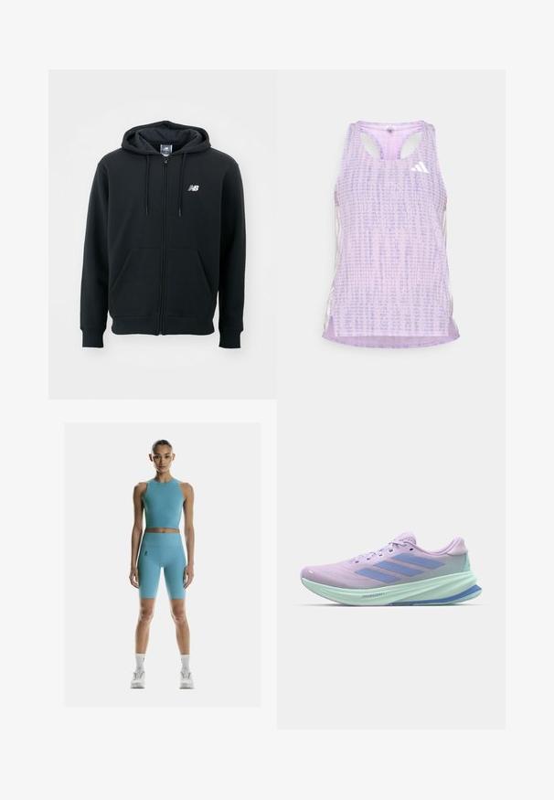 Hoodie zippé noir avec une capuche à cordon, poches avant, poignets côtelés et un petit logo blanc sur la poitrine gauche. Matière en mélange de coton doux.; Débardeur de sport violet avec un tissu texturé et à motifs. Présente des côtés découpés et un petit logo blanc à l'avant.; On Leggings - niagara; Chaussure de course violette avec tige en mesh respirant, présentant des accents bleu clair et le logo à trois bandes. Design de semelle léger et amorti.