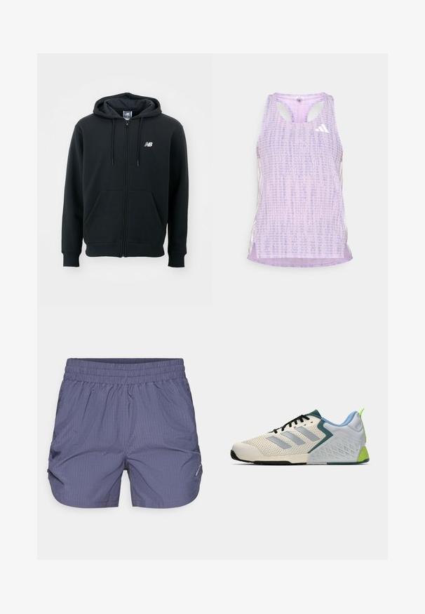 Fekete cipzáros kapucnis pulóver állítható kapucnival, elülső zsebekkel, bordás mandzsettákkal és egy kis fehér logóval a bal mellrészen. Puhaszövetű pamut keverékanyag.; Lila sportos trikó, mintás, struktúrált anyagból. Kivágott oldalai és egy apró fehér logó található az elején.; Férfi sportos rövidnadrág sötétkék színben, texturált anyagból készült, függőleges csíkokkal, rugalmas derékpánttal és oldalsó zsebekkel.; Könnyű sportcipők, krémszínű hálós felsőrésszel, szürke csíkokkal, zöld díszítéssel és strukturált kék sarokpárral. Fekete cipőfűzők.