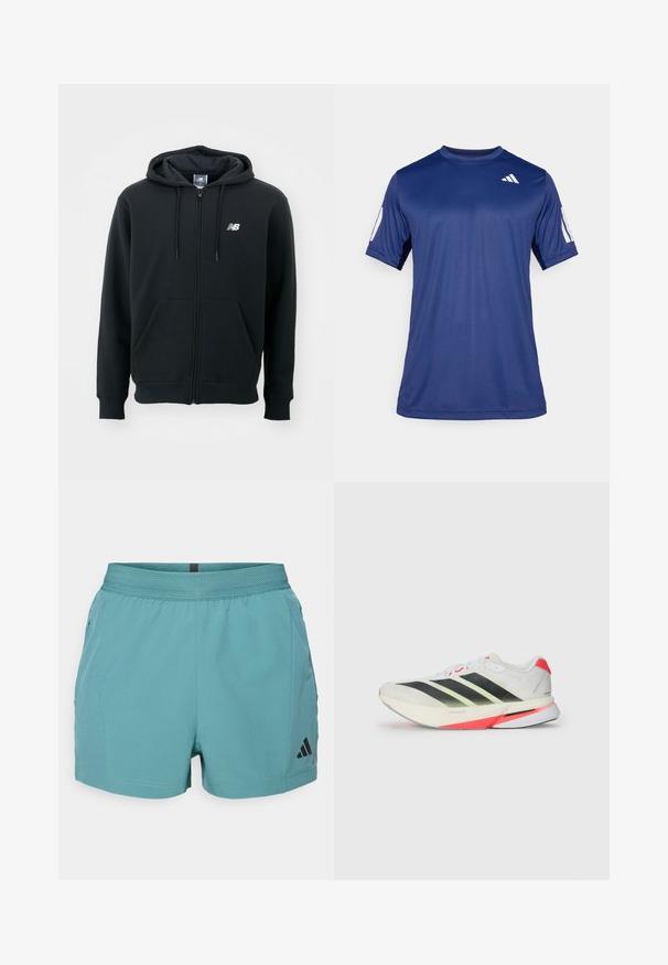 Svart zip-up hoodie med dragsko i huven, framfickor, ribbade ärmslut och en liten vit logga på vänster bröst. Mjuk bomullsblandning.; Marinblåt kortärmad träningsskjorta i ett mjukt tyg, med rund halsringning och en vit logotypdetalj på övre vänstra bröstet.; Tealfärgade träningsshorts med en texturerad midja, sidofickor och svart Adidas-logotyp nertill till höger. Lättviktigt material.; Vit sportskor med svarta och neongröna ränder, texturerad ovandel, röda detaljer på hälen och en lätt sula.