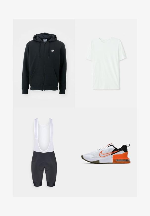 Čierna mikina na zips s kapucňou na stiahnutie, prednými vreckami, rebrovanými manžetami a malým bielym logom na ľavej hrudi. Mäkký materiál z bavlneného zmesi.; Svetlo mentolová kráťacia tričko s krátkym rukávom vyrobené z jemnej látky. Má okrúhly výstrih a jednoduchý, rovný strih bez ozdôb.; Pánske cyklistické podšortky vyrobené z priedušnej čiernej tkaniny, s bielymi sieťovinovými ramienkami, vypchávkou v oblasti sedadla a bezšvovými otvormi na nohavice.; Biele športové topánky s textúrovaným sieťovaným zvrškom, čiernymi a oranžovými akcentmi, hrubou gumovou podrážkou a priesvitnou vzduchovou vankúšikovou časťou na päte.